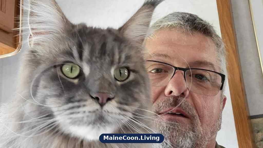 Large grey tabby Maine Coon in the foreground of an indoor selfie with its owner behind it