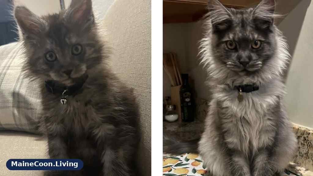 Two-panel collage of the same Maine Coon as a kitten and as a grown cat