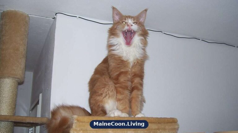 Large orange Maine Coon cat caught mid yawn, showing its size, thick coat and long whiskers