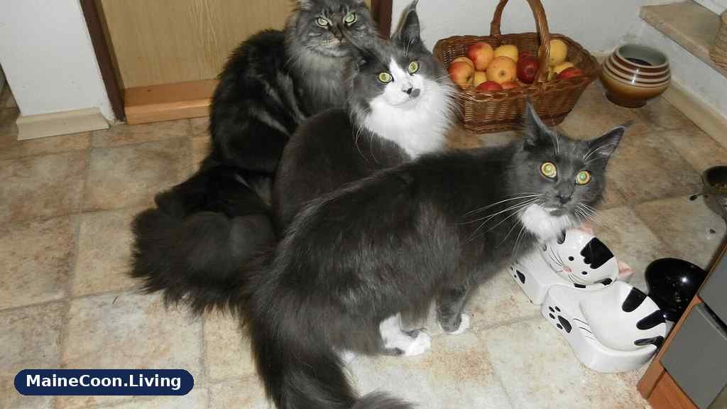 Three blue Maine Coons on a tiled floor looking up beside their food bowls at feeding time