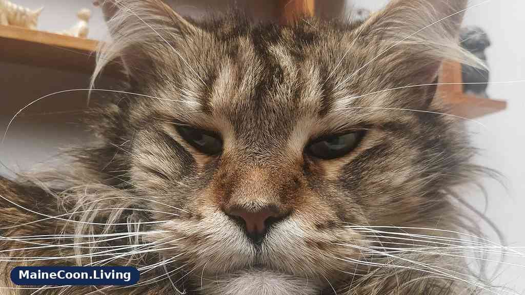 Tabby Maine Coon cat showing its thick coat