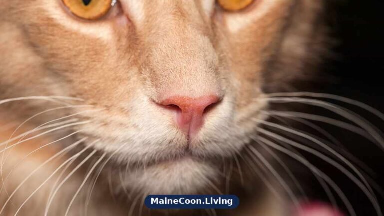 Close-up of an orange cat's face, showing its eyes, nose and whiskers with its ears cropped by the frame