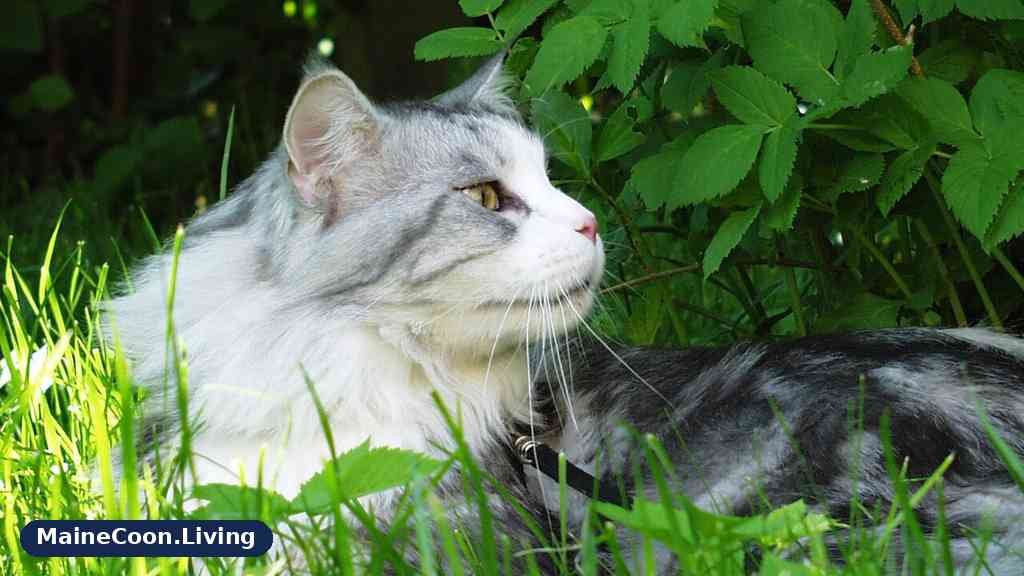 Silver tabby and white adult Maine Coon wearing a harness and lead, lying in grass and looking up