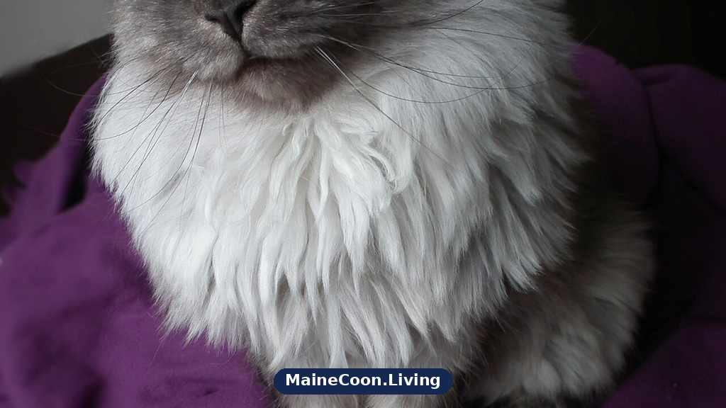 Adult long haired Maine Coon with a thick coat and a full pale chest ruff sitting on a blanket