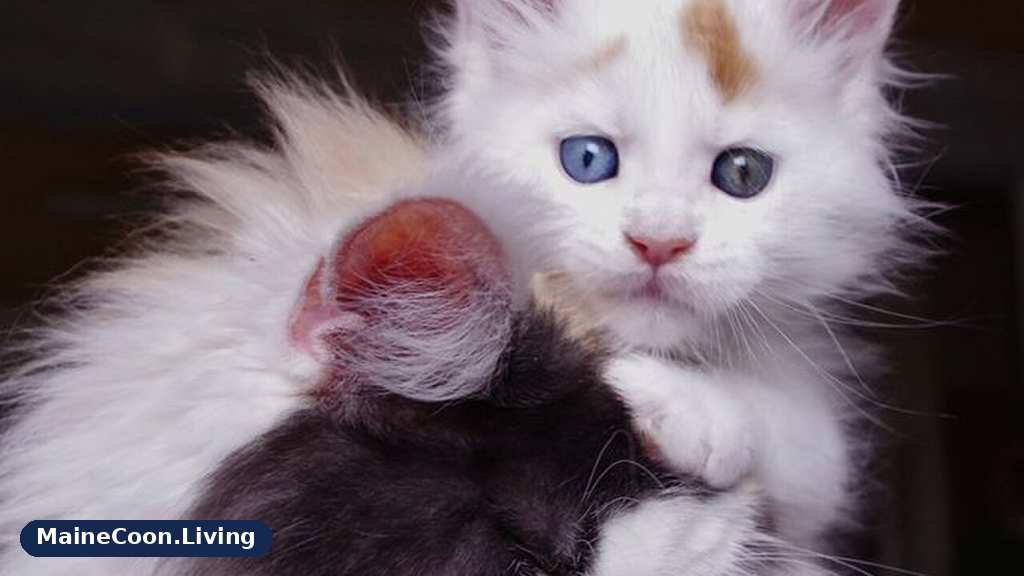 Black and white Maine Coon in profile with a white kitten perched on top of it