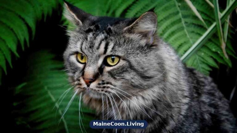 Head-and-shoulders portrait of a grey tabby Maine Coon outdoors against green ferns