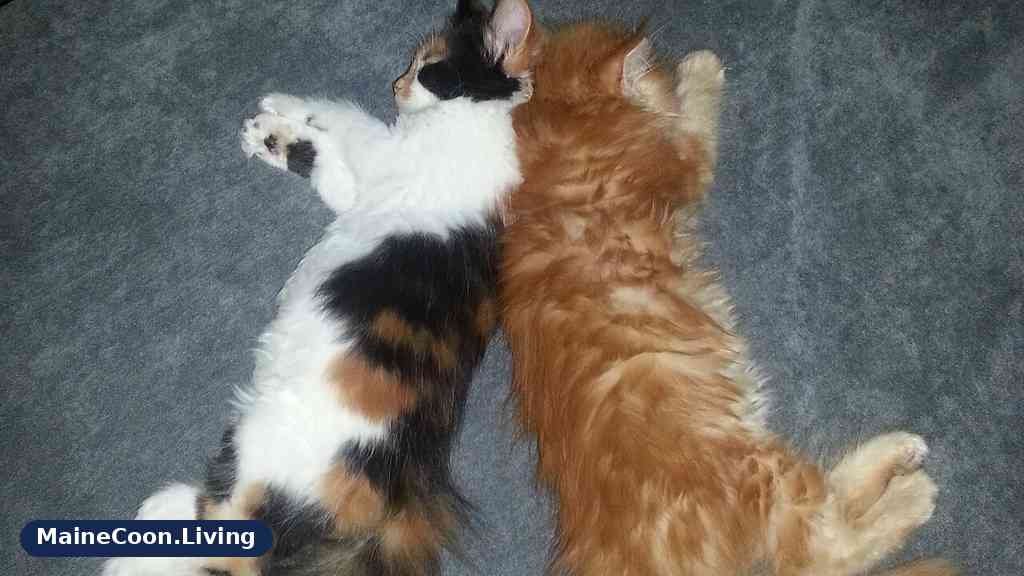A calico cat and a red cat asleep side by side on their backs on a grey sofa