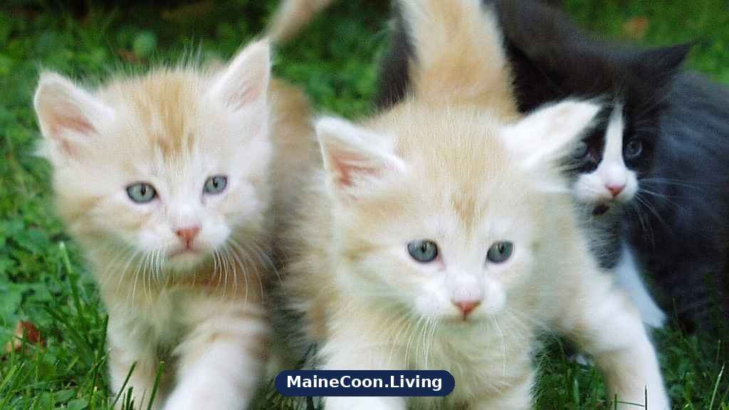 Three Maine Coon kittens walking in grass, two pale red kittens in front and a black and white kitten behind them