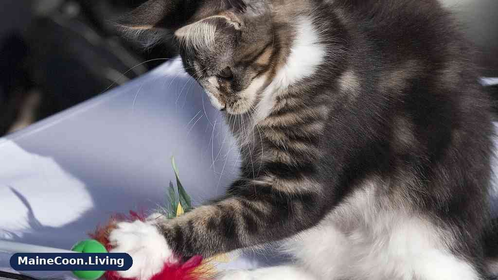 Young Maine Coon kitten in profile playing with a feather toy, showing a tabby coat, large ears and a big white paw