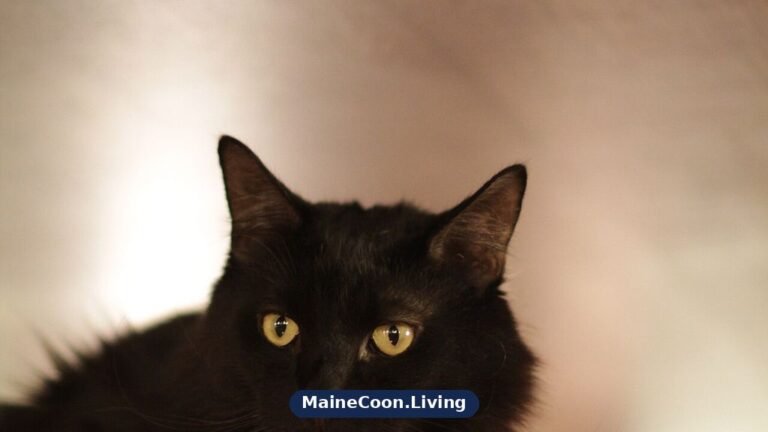 Black Maine Coon with gold eyes sitting on top of a high wooden shelf indoors, looking at the camera