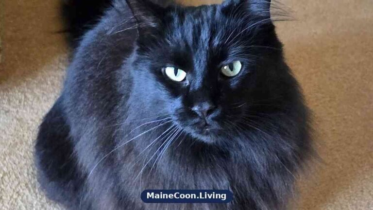 Solid black female Maine Coon with green eyes, ear tufts, a full ruff and a huge plume tail