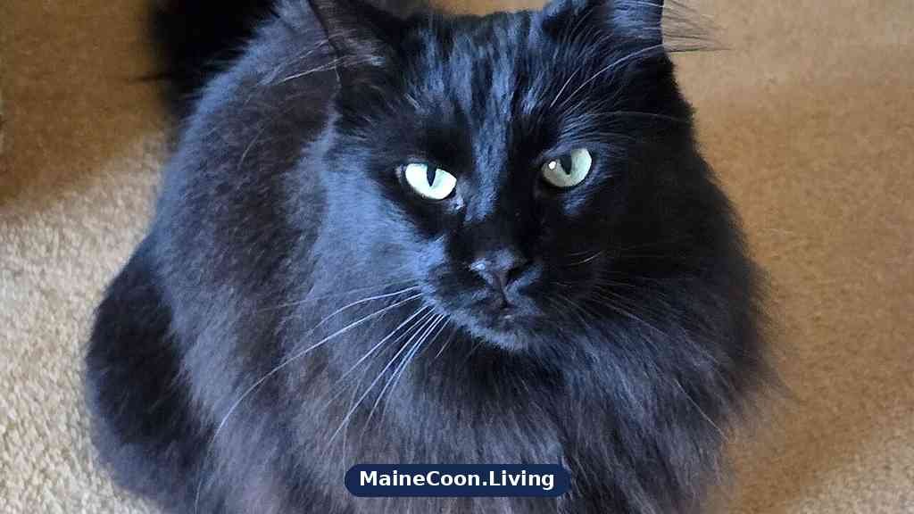 Solid black female Maine Coon with green eyes, ear tufts, a full ruff and a huge plume tail