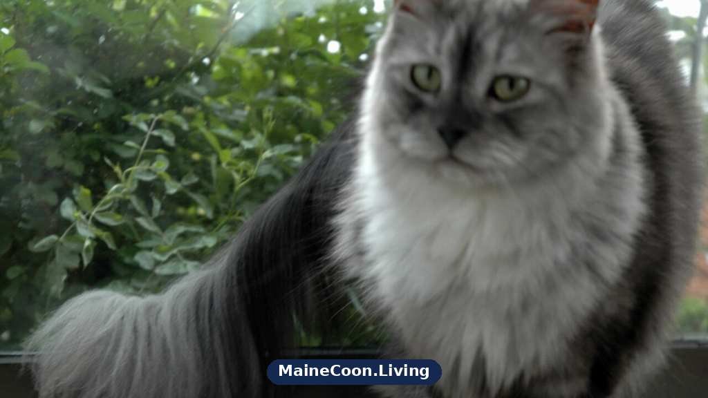 Blue smoke Maine Coon female with a silvery blue grey coat and a much paler chest and ruff
