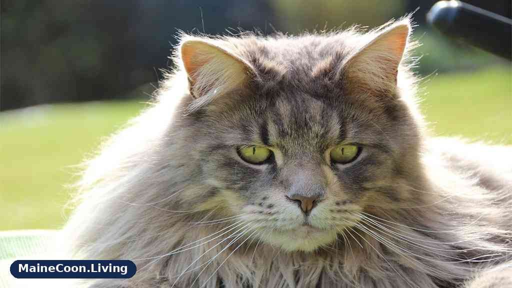 Blue tabby Maine Coon in close up, showing blue grey fur with darker blue tabby markings and green gold eyes