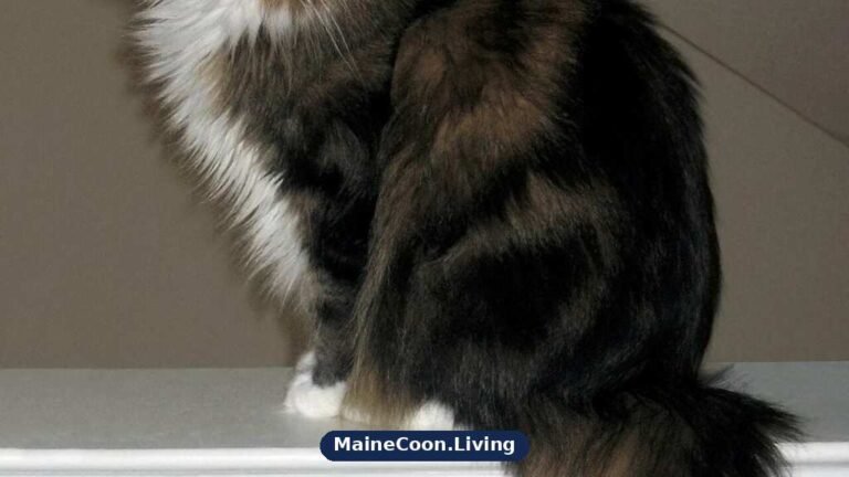 Brown tabby and white Maine Coon sitting on a ledge, showing warm brown classic tabby markings, a white chest and a long bushy tail