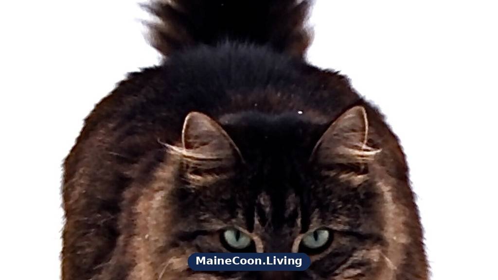 Brown tabby Maine Coon with a tall bushy tail walking towards the camera through snow