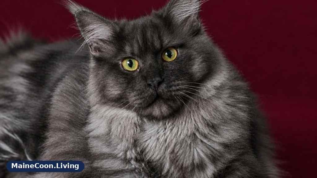 Black smoke Maine Coon with green eyes and ear tufts resting with its paws tucked in