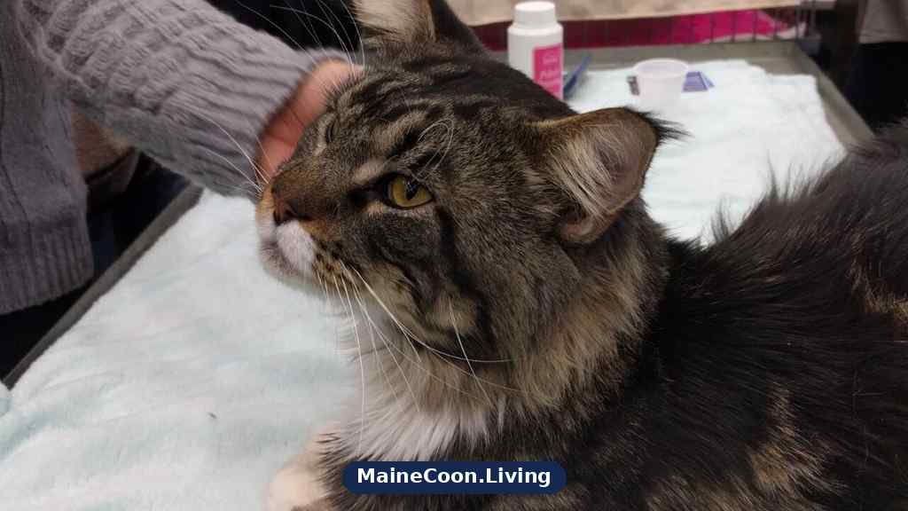 Maine Coon resting with its head raised