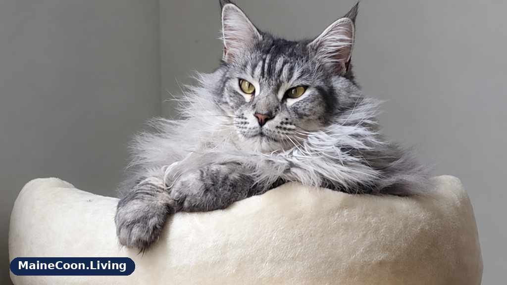 Silver tabby Maine Coon resting on a cat tree