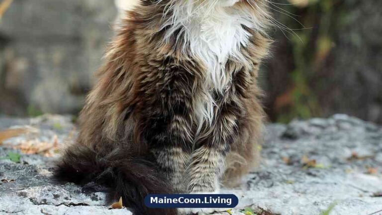 Fluffy long haired tabby Maine Coon with a thick coat and white chest sitting outdoors