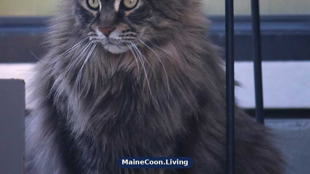 Adult Maine Coon with a bold face, tall tufted ears and a heavy ruff sitting facing the camera