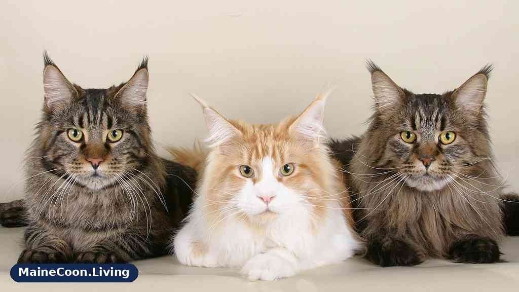 A group of adult Maine Coon cats sitting together