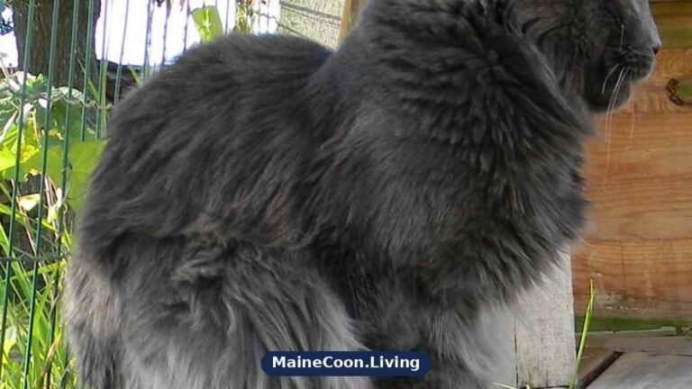 Adult blue Maine Coon in profile with a thick ruff and a long full coat