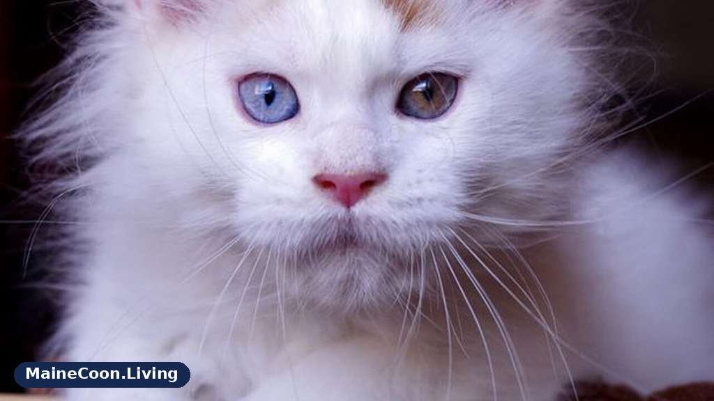 Young white Maine Coon kitten with odd coloured eyes facing the camera