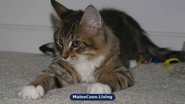 Young Maine Coon kitten with a tabby coat, large ears and long whiskers looking towards the camera