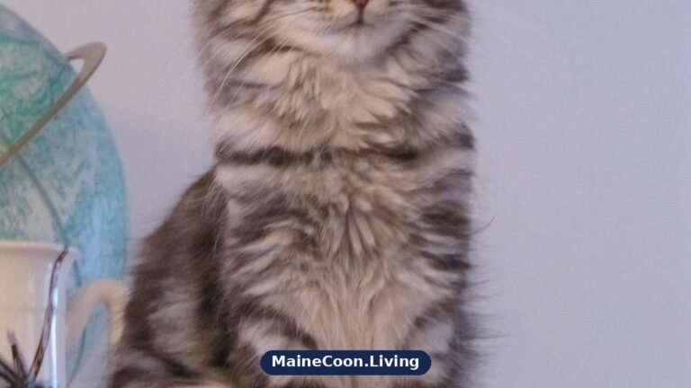 Maine Coon cross cat with a thick long coat, large heavy build and a full bushy tail