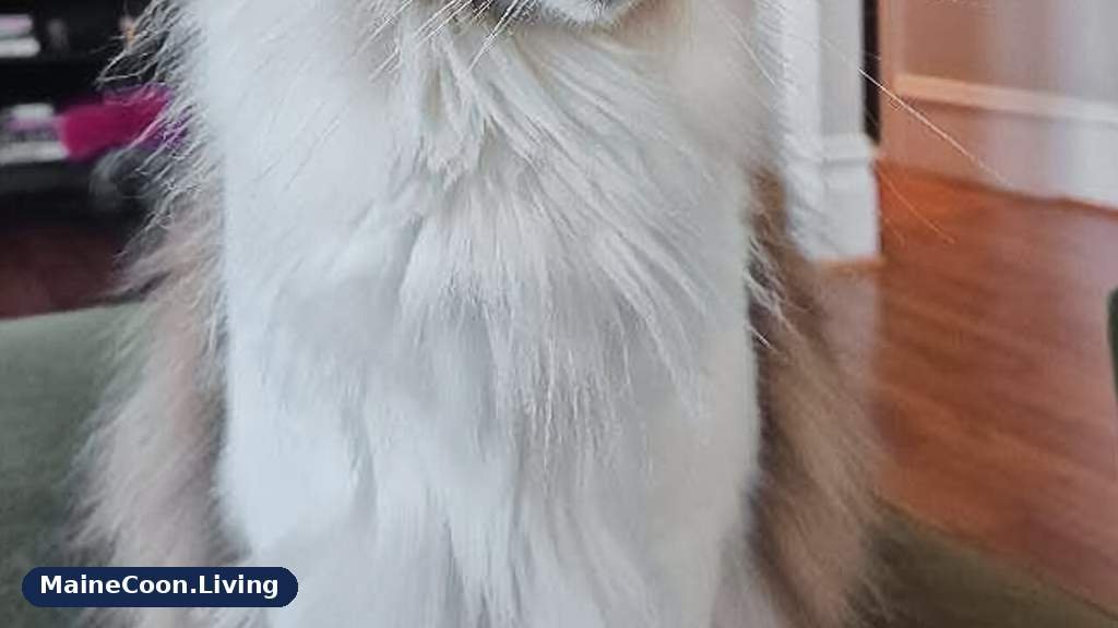 White-chested tabby Maine Coon mix cat sitting front-on and facing the camera