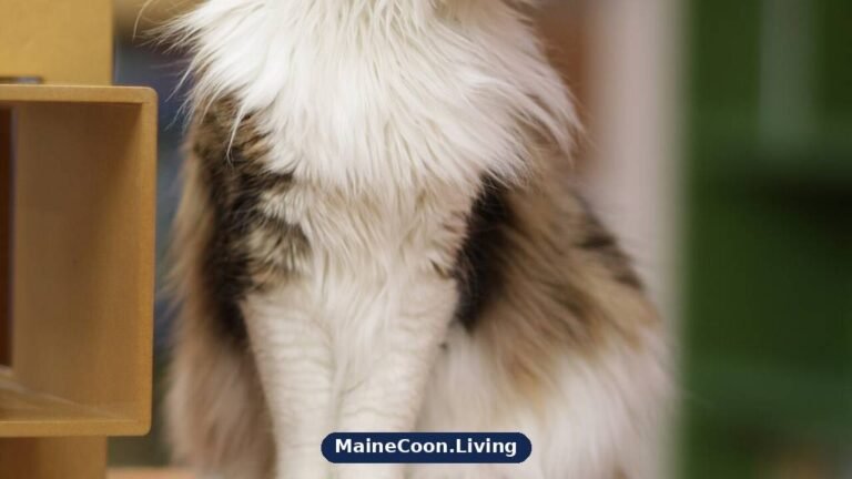 Adult Maine Coon with a thick neck ruff sitting in profile on a cat tree platform, looking to the side