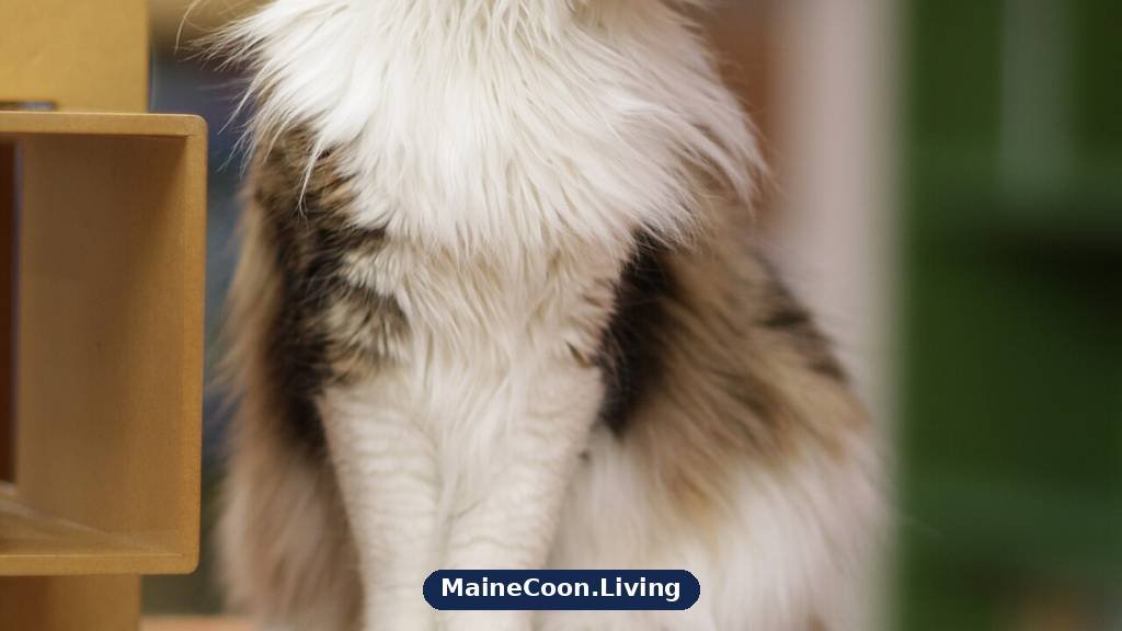Adult Maine Coon with a thick neck ruff sitting in profile on a cat tree platform, looking to the side