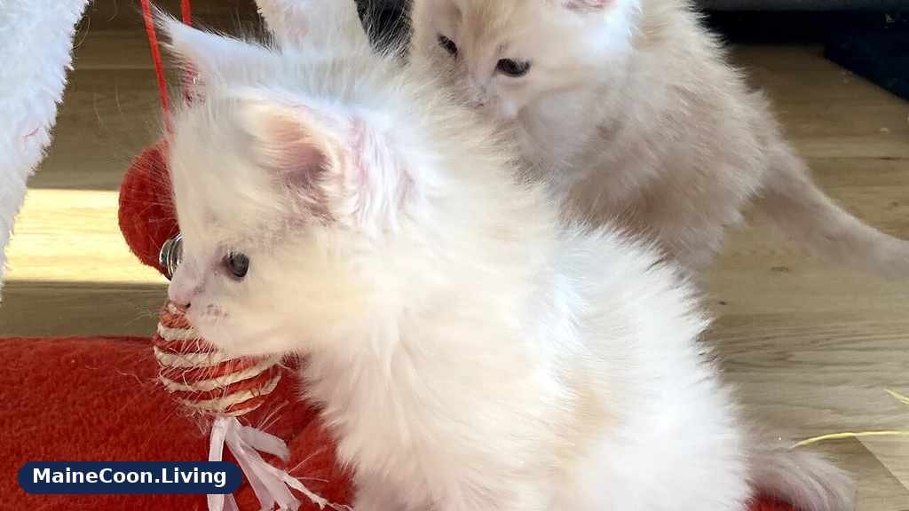 Group of young Maine Coon kittens sitting together with fluffy coats, large paws and small tufted ears