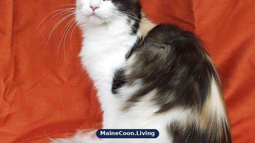 Calico Maine Coon with black patches, a white chest and legs and a small cream patch in her long shaggy coat