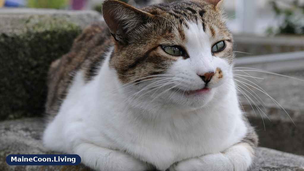 Tabby and white cat resting outdoors with its mouth closed and the tip of its tongue showing