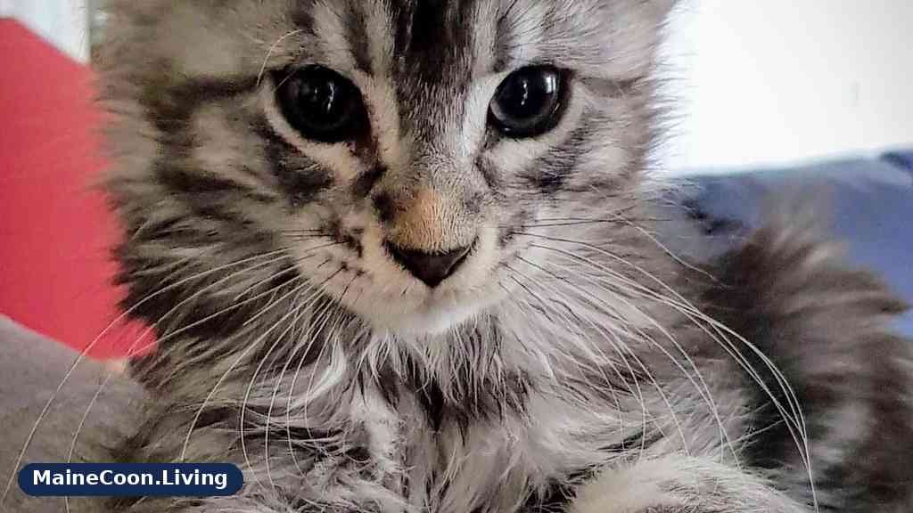 Young male Maine Coon kitten portrait showing tall tufted ears, a developing neck ruff and long whiskers