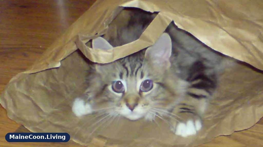 Young Maine Coon kitten exploring a paper bag at home