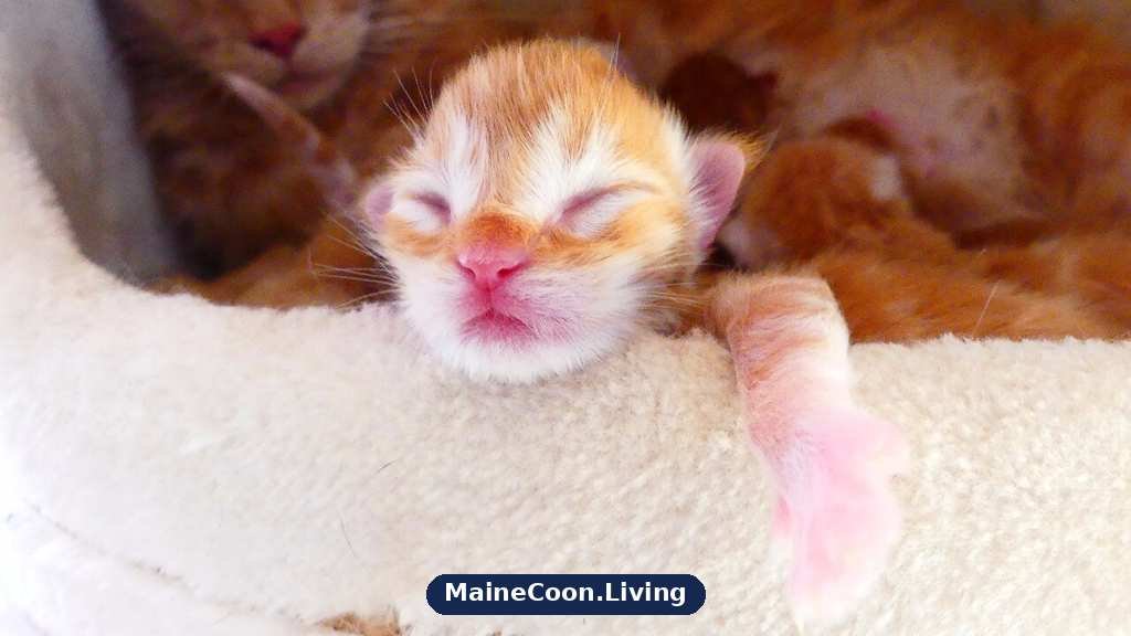 A red Maine Coon mother cat resting with her small red kittens close beside her