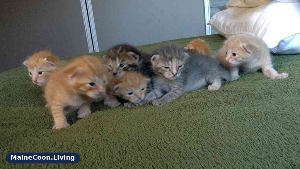 A litter of young mixed colour Maine Coon kittens sitting together
