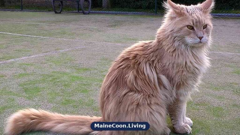 Large cream and white adult male Maine Coon with ear tufts and a long plumed tail sitting on an outdoor court at sunset