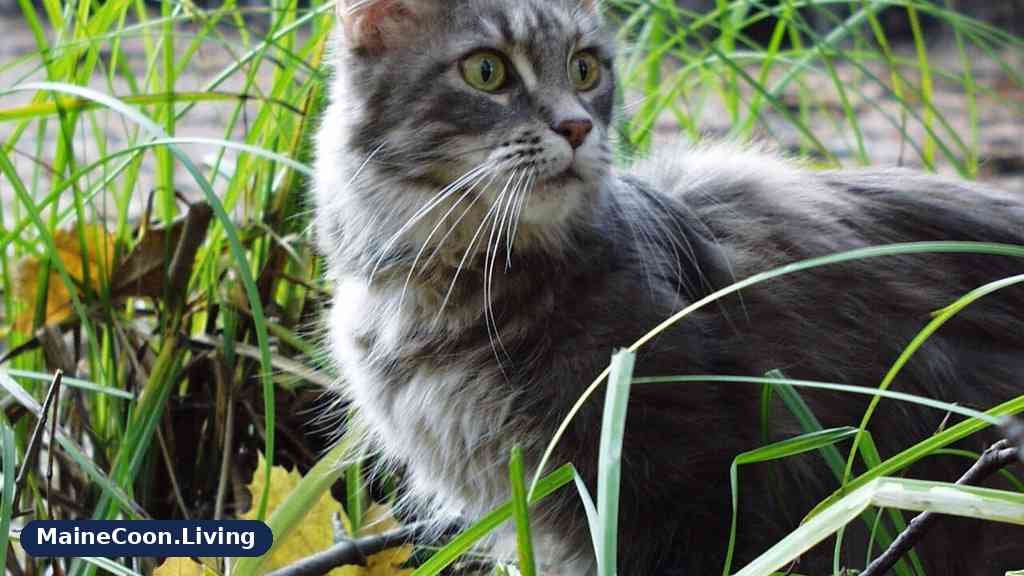 Blue cream tabby Maine Coon with tall tufted ears sitting alert in tall grass and autumn leaves