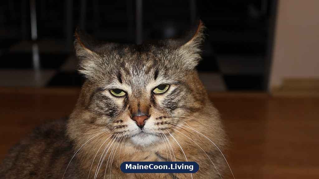 Close-up of a brown tabby Maine Coon's head and shoulders indoors