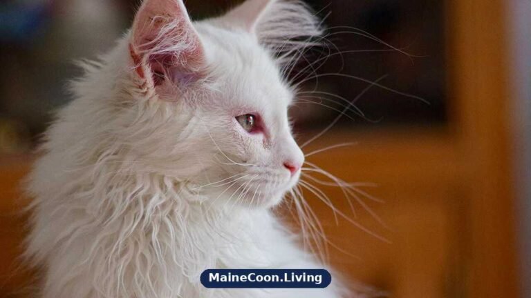 White Maine Coon with a thick pale coat, tall tufted ears and a calm expression sitting and looking at the camera