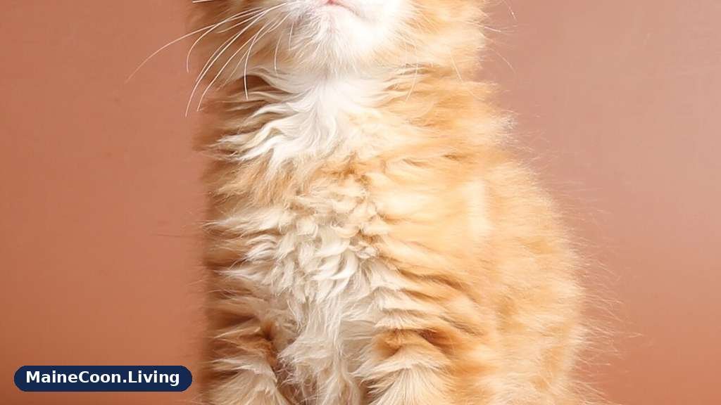 Red Maine Coon kitten sitting and looking up, showing a pale red tabby coat, tall tufted ears and large paws