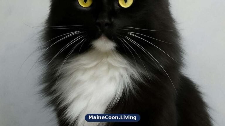 Head-and-chest portrait of a black-and-white Maine Coon mix cat
