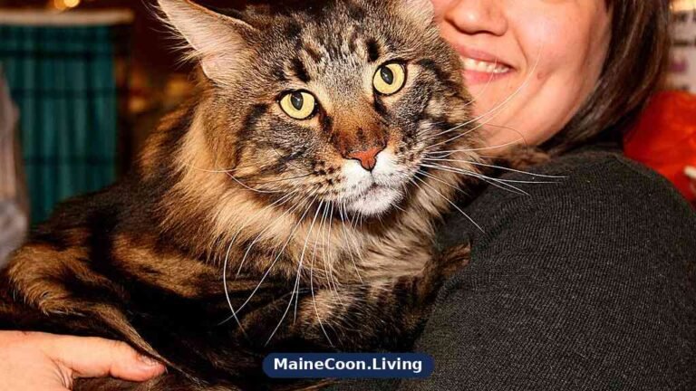 Large brown tabby Maine Coon being held by its owner, showing a thick ruff, tall tufted ears and a broad muzzle