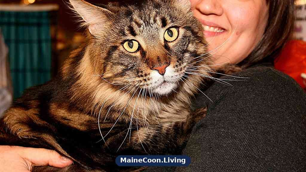 Large brown tabby Maine Coon being held by its owner, showing a thick ruff, tall tufted ears and a broad muzzle