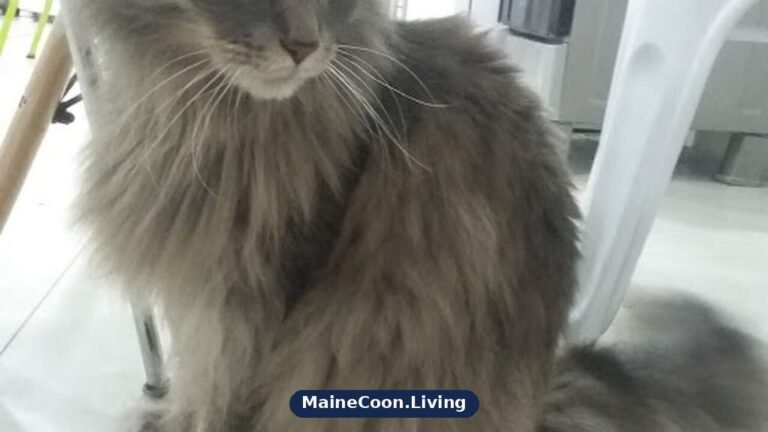Young blue Maine Coon with a solid blue-grey coat sitting indoors and looking at the camera