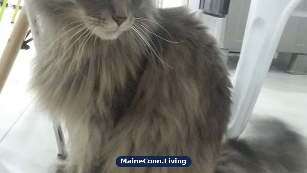Young blue Maine Coon with a solid blue-grey coat sitting indoors and looking at the camera